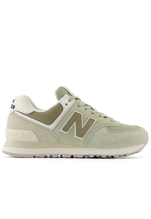 Buty New Balance WL574DP2 - zielone. Okazja: na co dzień. Kolor: zielony. Materiał: guma, skóra, zamsz, materiał, syntetyk. Szerokość cholewki: normalna. Model: New Balance 574