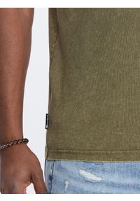 Ombre Clothing - T-shirt męski z efektem ACID WASH - oliwkowy V4 S1638 - XXL. Kolor: oliwkowy. Materiał: bawełna, dzianina #8