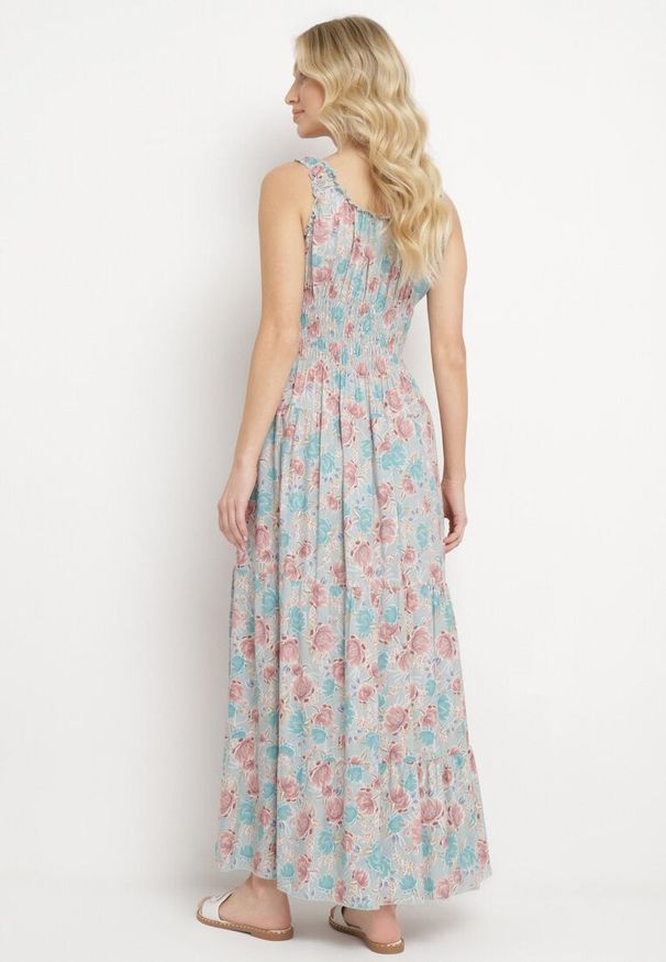 Born2be - Miętowa Rozkloszowana Sukienka Bawełniana w Kwiatowy Print z Guzikami Jamallia. Okazja: na co dzień. Kolor: miętowy. Materiał: bawełna. Wzór: nadruk, kwiaty. Typ sukienki: proste. Styl: klasyczny, casual