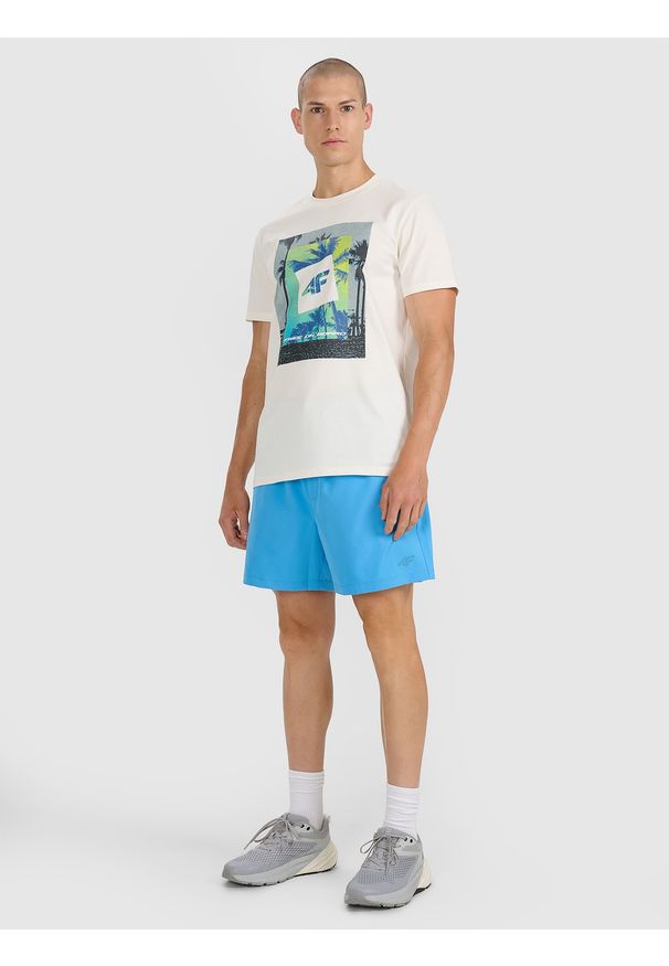 4f - 4F T-shirt regular z nadrukiem męski - beżowy S. Okazja: na co dzień. Kolor: beżowy. Materiał: jersey, materiał, bawełna. Wzór: nadruk. Sezon: lato. Styl: sportowy, klasyczny, casual