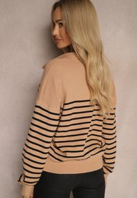 Renee - Ciemnobeżowy Sweter w Paski Ozdobiony Kołnierzykiem i Wycięciem Irinalies. Kolor: beżowy. Wzór: aplikacja, paski. Sezon: zima #5