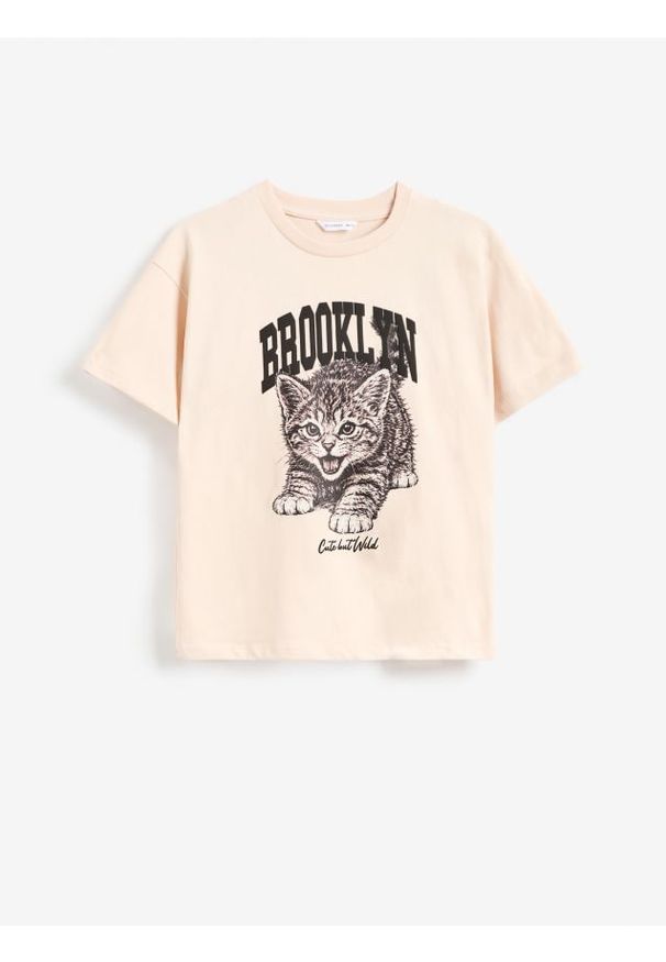 Reserved - Luźny t-shirt z nadrukiem - kremowy. Kolor: kremowy. Materiał: bawełna. Wzór: nadruk