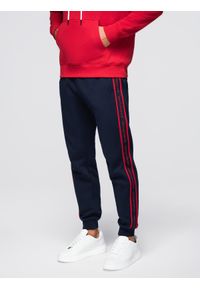 Ombre Clothing - Sportowe spodnie męskie jogger z lampasami – granatowe V3 - Rozmiar: XL. Okazja: na co dzień. Kolor: niebieski. Materiał: bawełna, poliester. Styl: sportowy