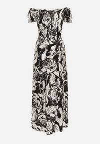 Born2be - Czarno-Biała Rozkloszowana Sukienka z Wiskozy Typu Hiszpanka z Marszczonym Dekoltem Daleri. Typ kołnierza: dekolt hiszpanka. Kolor: czarny. Materiał: wiskoza. Długość rękawa: krótki rękaw. Wzór: kwiaty. Sezon: lato. Styl: elegancki, klasyczny #3