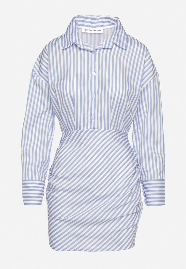 Born2be - Jasnoniebieska Koszulowa Sukienka w Paski o Dopasowanym Kroju Meveira. Okazja: na imprezę. Typ kołnierza: kołnierzyk klasyczny. Kolor: niebieski. Długość rękawa: długi rękaw. Wzór: paski. Typ sukienki: koszulowe. Styl: klasyczny