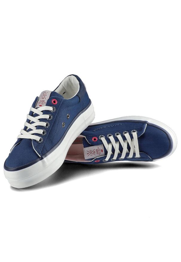 Granatowe Trampki Cross Jeans Damskie Wygodne Buty. Okazja: na co dzień. Zapięcie: sznurówki. Kolor: niebieski. Materiał: materiał, guma. Szerokość cholewki: normalna. Wzór: aplikacja. Obcas: na platformie. Styl: elegancki, casual, klasyczny