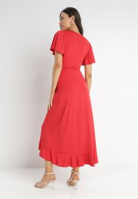 Born2be - Czerwona Sukienka Aediala. Okazja: na randkę, na imprezę, na co dzień. Kolor: czerwony. Materiał: tkanina, wiskoza. Długość rękawa: krótki rękaw. Typ sukienki: kopertowe. Styl: casual. Długość: midi #6
