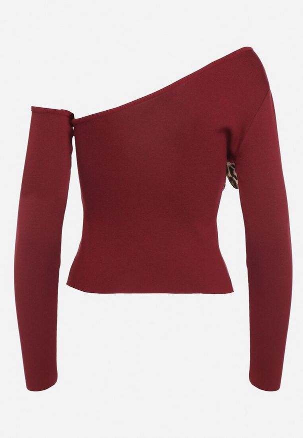 Born2be - Bordowa Asymetryczna Bluzka z Wiskozą Ozdobiona Kwiatem 3D Veladi. Kolor: czerwony. Materiał: wiskoza. Wzór: aplikacja, kwiaty. Styl: elegancki