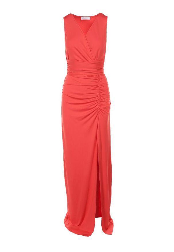 Born2be - Czerwona Sukienka z Kopertowym Dekoltem i Marszczeniem Zdobiona Rozcięciem Parthastos. Okazja: na wesele, na studniówkę, na imprezę, na ślub cywilny. Kolor: czerwony. Wzór: aplikacja. Typ sukienki: kopertowe. Styl: elegancki, klasyczny