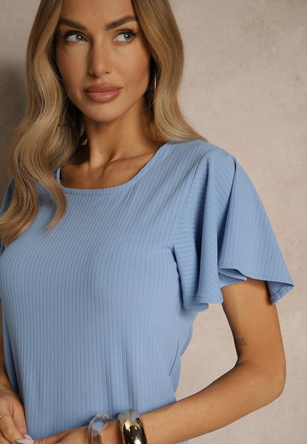 Renee - Niebieska Bluzka z Rozkloszowanymi Rękawami Sunelva. Okazja: na co dzień. Kolor: niebieski. Materiał: jeans. Styl: elegancki, casual