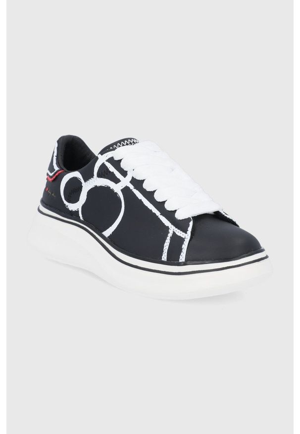 MOA Concept - Buty skórzane x Disney. Zapięcie: sznurówki. Kolor: czarny. Materiał: skóra. Wzór: motyw z bajki. Obcas: na platformie