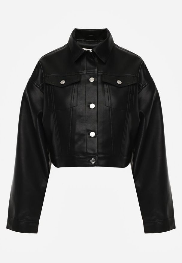 Renee - Czarna Kurtka Ramoneska Cropped o Fasonie Koszulowym Savarinda. Kolor: czarny. Materiał: poliester, koronka. Styl: rockowy