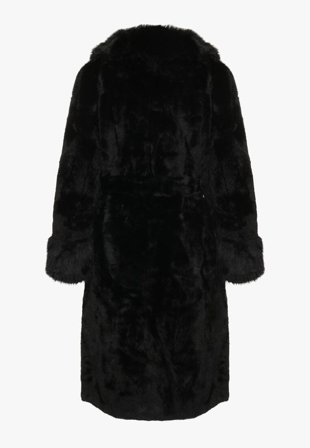 Born2be - Czarny Futerkowy Płaszcz z Szerokim Kołnierzem i Mankietami z Wiązanym Paskiem Viaruna. Okazja: na imprezę, na co dzień. Kolor: czarny. Materiał: dzianina. Długość rękawa: długi rękaw. Długość: długie. Styl: elegancki, casual