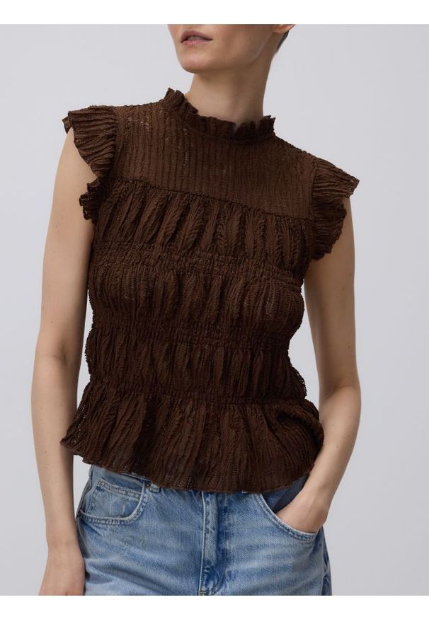 Reserved - Bluzka z marszczeniem - ciemnobrązowy. Kolor: brązowy. Materiał: dzianina