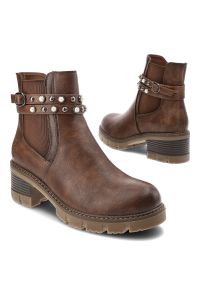 Brązowe Botki Rieker Ocieplane Obuwie Damskie. Okazja: na co dzień. Zapięcie: pasek. Kolor: brązowy. Materiał: skóra ekologiczna. Obcas: na obcasie. Styl: casual, elegancki. Wysokość obcasa: średni #3