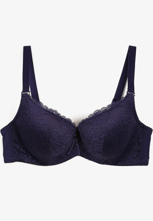 Born2be - Granatowy Koronkowy Biustonosz Zapinany z Tyłu na Haftki na Regulowanych Ramiączkach Ellmira. Kolor: niebieski. Materiał: koronka. Wzór: aplikacja, koronka