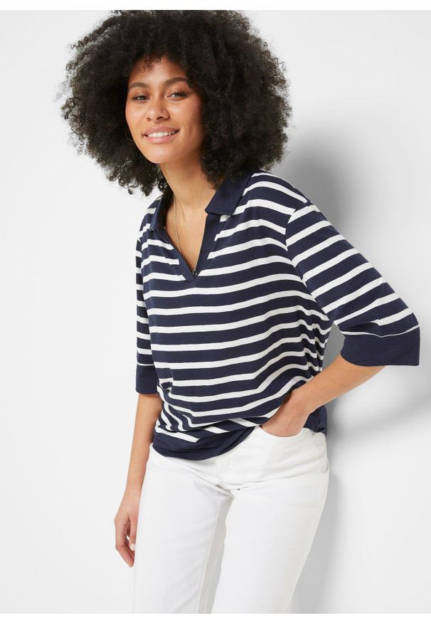 bonprix - Shirt polo z mieszanki bawełny z wiskozą. Typ kołnierza: polo. Kolor: niebieski. Materiał: wiskoza, bawełna