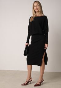 Born2be - Czarna Dzianinowa Sukienka z Wiskozą o Nietoperzowym Kroju z Dekoltem w Łódkę Tisan. Okazja: na co dzień, na spotkanie biznesowe. Typ kołnierza: dekolt w łódkę. Kolor: czarny. Materiał: dzianina, wiskoza. Styl: casual, biznesowy #4