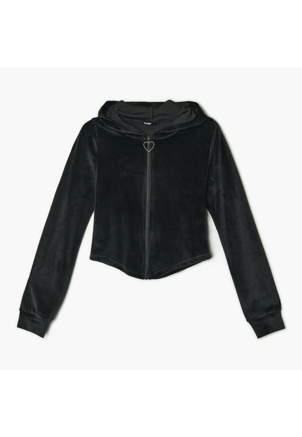 Cropp - Czarna rozpinana bluza - Czarny. Typ kołnierza: kaptur. Kolor: czarny. Materiał: dzianina, welur. Długość rękawa: długi rękaw. Długość: krótkie. Wzór: aplikacja