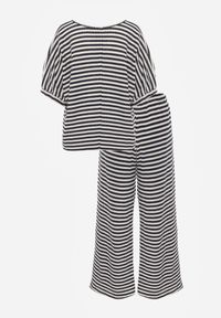 Born2be - Beżowo-Granatowy Dzianinowy Komplet z Bawełny T-shirt i Szerokie Spodnie o Luźnym Fasonie w Paski Nemoress. Kolor: beżowy. Materiał: bawełna, dzianina. Wzór: paski #2