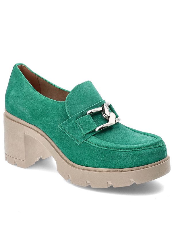 Zielone Półbuty Lemar Damskie Eleganckie Buty. Zapięcie: klamry. Kolor: zielony. Materiał: zamsz. Obcas: na obcasie. Styl: elegancki. Wysokość obcasa: średni