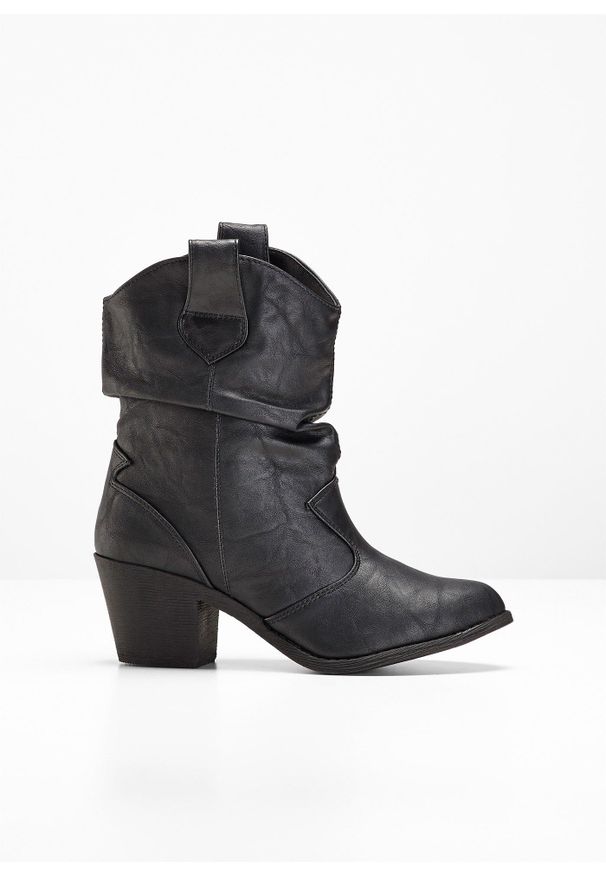 bonprix - Botki kowbojki z marszczoną cholewką. Kolor: czarny. Szerokość cholewki: normalna