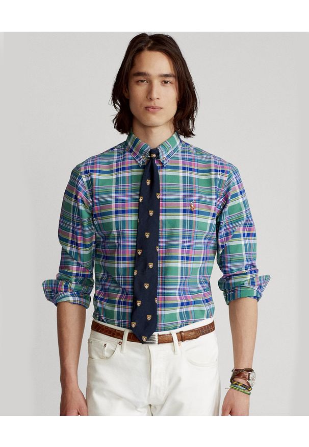 Ralph Lauren - RALPH LAUREN - Koszula w kratę Oxford Custom Fit. Typ kołnierza: polo, button down. Kolor: zielony. Długość rękawa: długi rękaw. Długość: długie. Wzór: kolorowy
