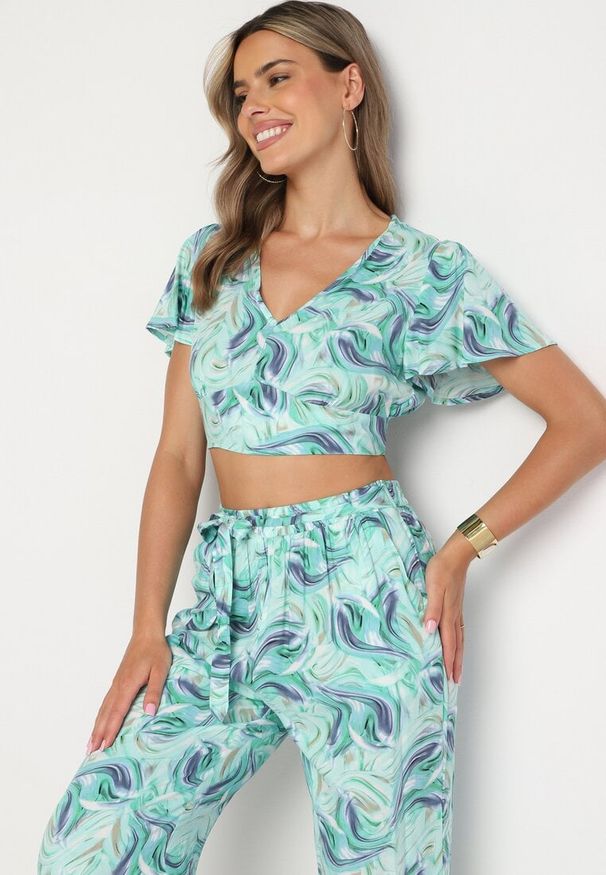 Born2be - Niebiesko-Zielony Bawełniany Komplet Top z Krótkim Rękawem Szerokie Spodnie z Gumką w Pasie Zoriadia. Kolor: niebieski. Materiał: bawełna