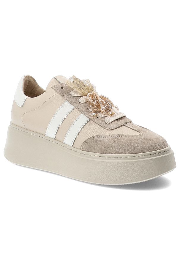 CheBello - Sneakersy damskie Chebello, sportowy fason platformowa podeszwa sznurowanie stabilna konstrukcja miękka wyściółka, beżowe, 4805_-157-431-PSK-S251. Okazja: na co dzień. Zapięcie: sznurówki. Kolor: beżowy. Materiał: skóra, tiul, jeans. Szerokość cholewki: normalna. Wzór: aplikacja. Obcas: na platformie. Styl: sportowy
