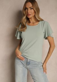 Renee - jasnozielona Bluzka z Rozkloszowanymi Rękawami Sunelva. Okazja: na co dzień. Kolor: zielony. Materiał: jeans. Styl: elegancki, casual