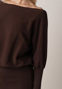 Born2be - Brązowa Dzianinowa Sukienka z Wiskozą o Nietoperzowym Kroju z Dekoltem w Łódkę Tisan. Okazja: na co dzień, na spotkanie biznesowe. Typ kołnierza: dekolt w łódkę. Kolor: brązowy. Materiał: dzianina, wiskoza. Styl: casual, biznesowy #6