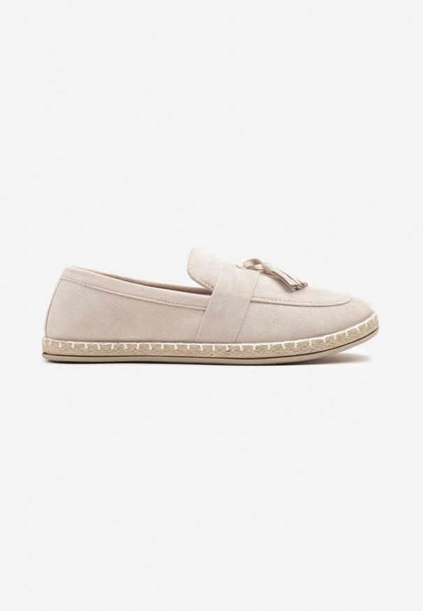 Renee - Beżowe Espadryle Ozdobione Frędzlami na Nosku Wanelis. Kolor: beżowy. Materiał: jeans. Wzór: aplikacja. Styl: klasyczny