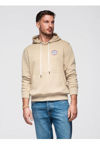 Ombre Clothing - Bluza męska dresowa kangurka z kapturem i naszywką w stylu college – piaskowa V3 - Rozmiar: XL. Okazja: na co dzień. Typ kołnierza: kaptur. Materiał: dresówka. Wzór: aplikacja. Styl: casual, elegancki, sportowy, klasyczny #1