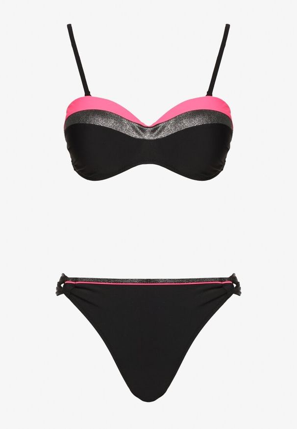 Born2be - Różowo-Czarne Bikini Figi i Usztywniany Biustonosz Ozdobiony Metaliczną Nicią Artellia. Kolor: różowy. Wzór: aplikacja