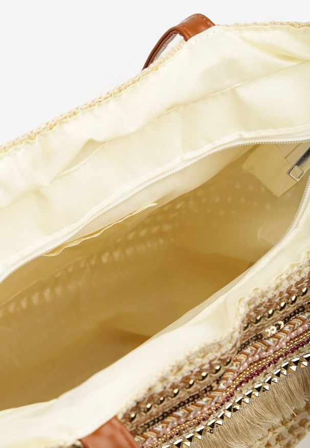 Renee - Beżowa Pleciona Duża Torebka Ozdobiona Frędzlami Rivarasia. Kolor: beżowy. Wzór: aplikacja. Dodatki: z frędzlami. Rozmiar: duże. Styl: boho, casual, klasyczny, elegancki