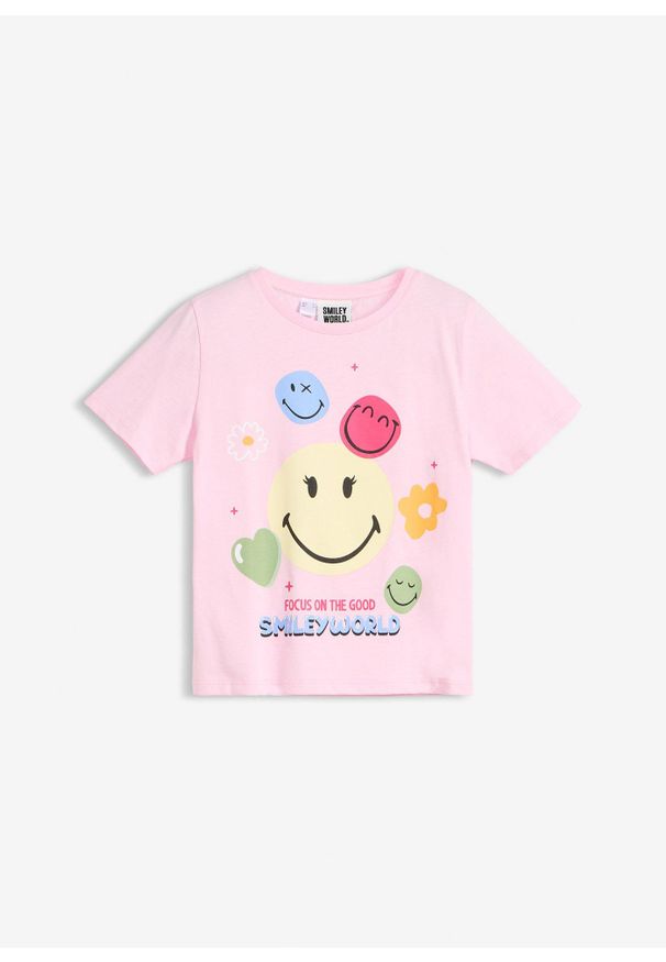 bonprix - T-shirt z czystej bawełny, z nadrukiem Smileys. Kolor: różowy. Materiał: bawełna. Wzór: nadruk. Styl: klasyczny
