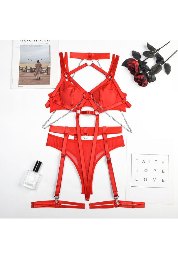 Intica - Komplet bielizny z chokerem i łańcuszkami na romantyczne wieczory Charleen. Kolor: czerwony. Materiał: materiał. Wzór: paski