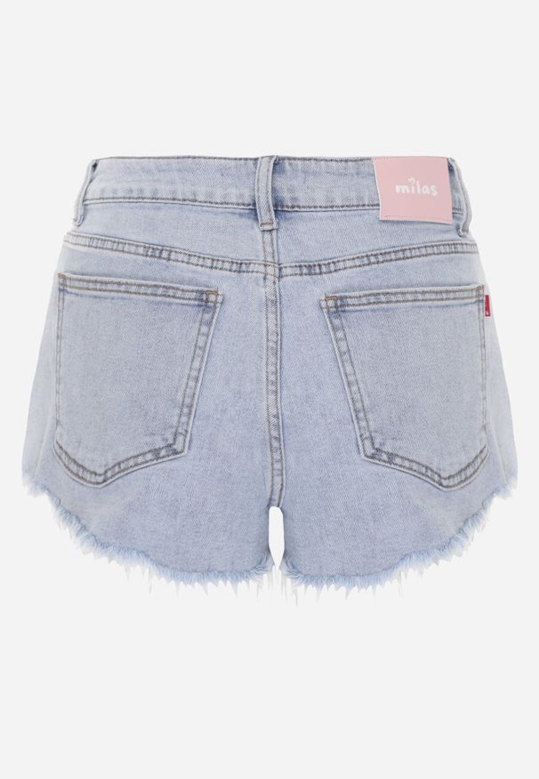 Renee - Niebieskie Jeansowe Szorty z Bawełną High Waist z Postrzępionymi Nogawkami Calamailt. Okazja: na co dzień. Stan: podwyższony. Kolor: niebieski. Materiał: jeans, bawełna. Styl: casual