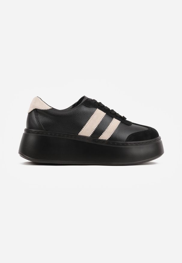 Born2be - Czarno-Beżowe Skórzane Sneakersy na Grubej Podeszwie z Geometrycznym Wzorem Rivimi. Okazja: na co dzień. Kolor: czarny. Materiał: skóra. Wzór: geometria