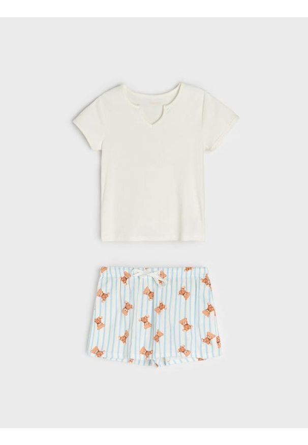 Sinsay - Bawełniana piżama dwuczęściowa z motywem misia - biały. Kolor: biały. Materiał: bawełna