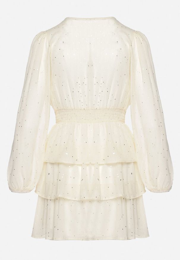 Born2be - Jasnobeżowa Mini Sukienka Rozkloszowana z Metalicznym Nadrukiem i Falbankami Elawnia. Okazja: na imprezę. Typ kołnierza: kołnierz z falbankami. Kolor: beżowy. Wzór: nadruk. Styl: elegancki. Długość: mini