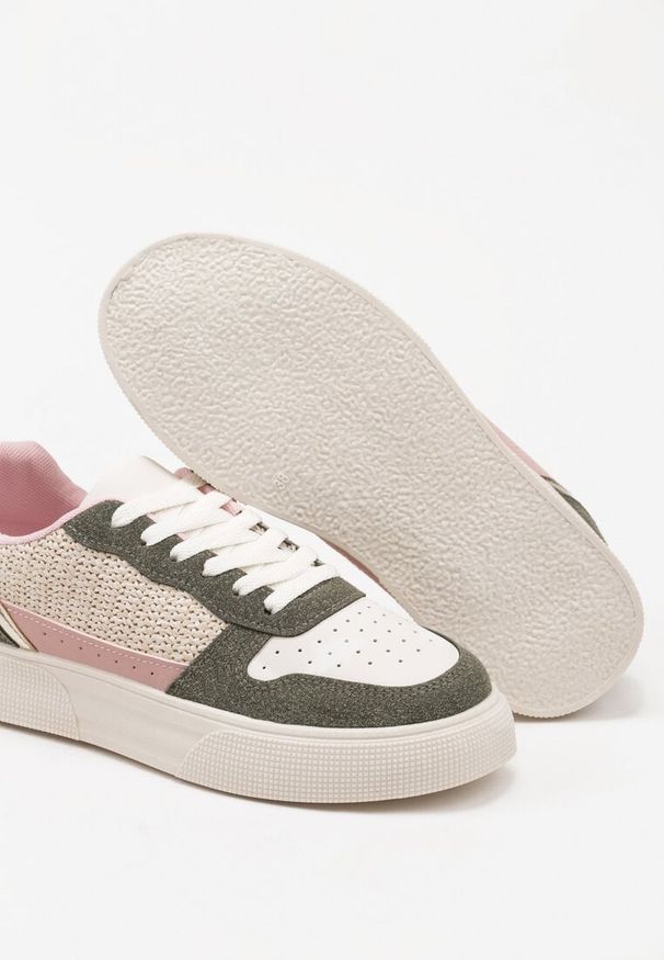 Born2be - Beżowo-Zielone Sneakersy na Grubej Podeszwie z Brokatem Perforacją i Plecionką Mirreina. Okazja: na co dzień. Kolor: beżowy. Materiał: jeans
