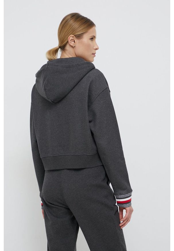 TOMMY HILFIGER - Tommy Hilfiger Bluza damska kolor szary z kapturem gładka. Okazja: na co dzień. Typ kołnierza: kaptur. Kolor: szary. Wzór: gładki. Styl: casual