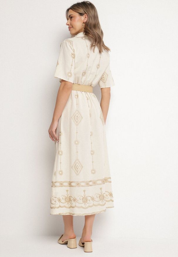 Born2be - Beżowa Bawełniana Sukienka Koszulowa z Ozdobnym Paskiem i Haftem Evialisse. Okazja: na imprezę, na co dzień. Kolor: beżowy. Materiał: bawełna. Wzór: haft. Typ sukienki: koszulowe. Styl: elegancki, casual