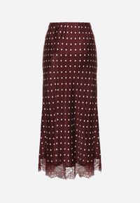 Born2be - Bordowa Wiskozowa Spódnica z Wysokim Stanem w Kropki z Koronką Monivesa. Okazja: na co dzień. Stan: podwyższony. Kolor: czerwony. Materiał: wiskoza, koronka. Wzór: kropki, koronka. Styl: casual, elegancki #3