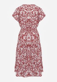 Born2be - Czerwona Bawełniana Sukienka w Kwiatki z Gumką w Talii i Guzikami Ronalika. Okazja: na co dzień. Typ kołnierza: dekolt w serek. Kolor: czerwony. Materiał: bawełna. Wzór: kwiaty. Typ sukienki: rozkloszowane. Styl: casual, elegancki, klasyczny #5