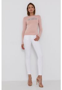 Guess Spodnie damskie kolor biały dopasowane medium waist. Kolor: biały. Materiał: materiał #2