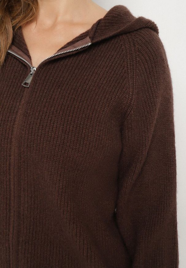 Born2be - Brązowy Komplet z Wełną i Bawełną Szerokie Spodnie i Rozpinana Bluzka z Kapturem Reikania. Kolor: brązowy. Materiał: wełna, bawełna