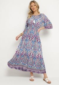 Born2be - Niebieska Rozkloszowana Sukienka Bawełniana we Wzór Paisley z Chwostami Elliassa. Okazja: na co dzień. Kolor: niebieski. Materiał: bawełna. Wzór: paisley. Styl: casual
