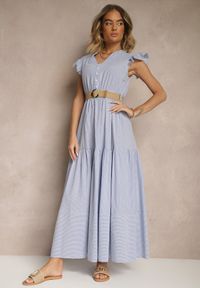 Renee - Niebieska Rozkloszowana Sukienka z Bawełny w Stylu Boho z Paskiem z Klamrą Iffarisa. Okazja: na co dzień. Typ kołnierza: dekolt w serek. Kolor: niebieski. Materiał: bawełna. Sezon: lato, wiosna. Typ sukienki: rozkloszowane. Styl: boho